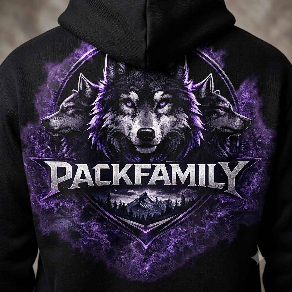 Black Zayzaypack PackFamily hoodie with a purple wolf graphic
